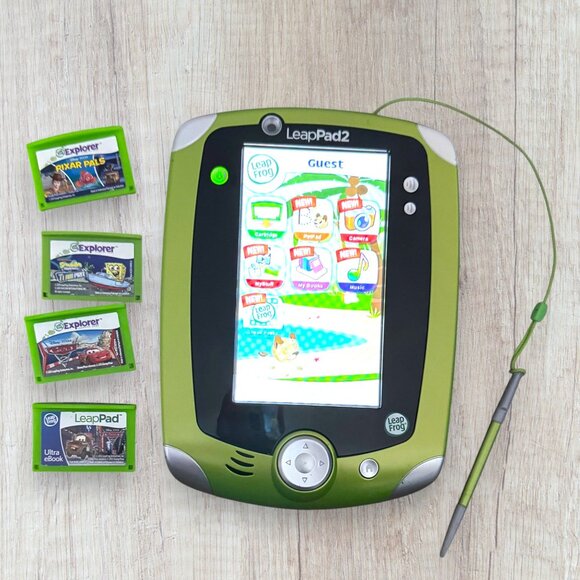 LeapFrog LeapPad2 Learning Tablet Green + 4 Games Pixar Pals SpongeBob Cars - Picture 1 of 3
